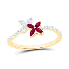 14k Gold 1/5 CTW-Natural Diamond 1/6 CTW-Mq-Ru Natural Gemstone Flower Ring