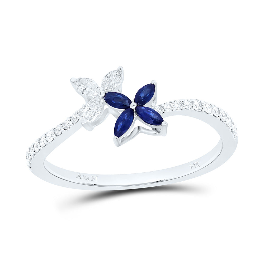 14k Gold 1/5 CTW-Natural Diamond 1/10 CTW-Mq-Bs Natural Gemstone Flower Ring 1.4