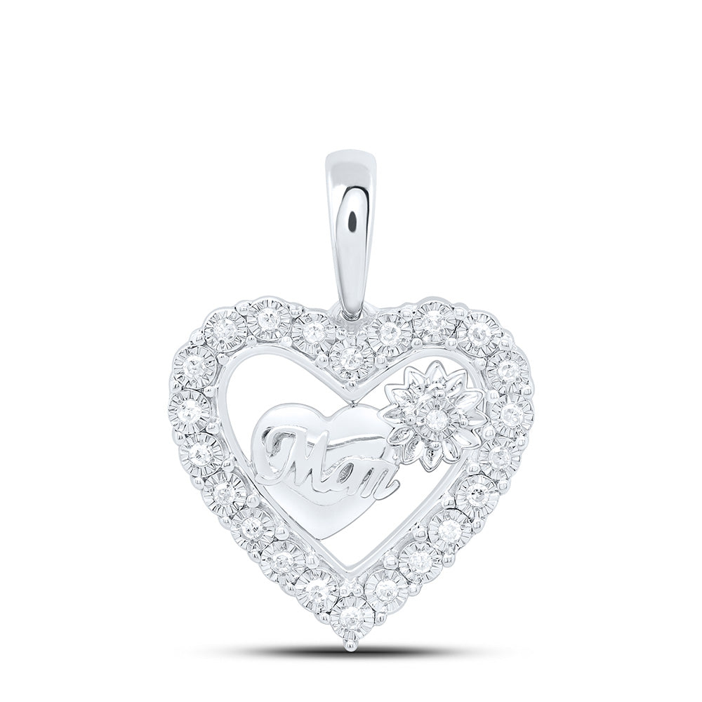 Sterling Silver 1/10 CTW-Natural Diamond Gift "Mom" Flower Heart Pendant