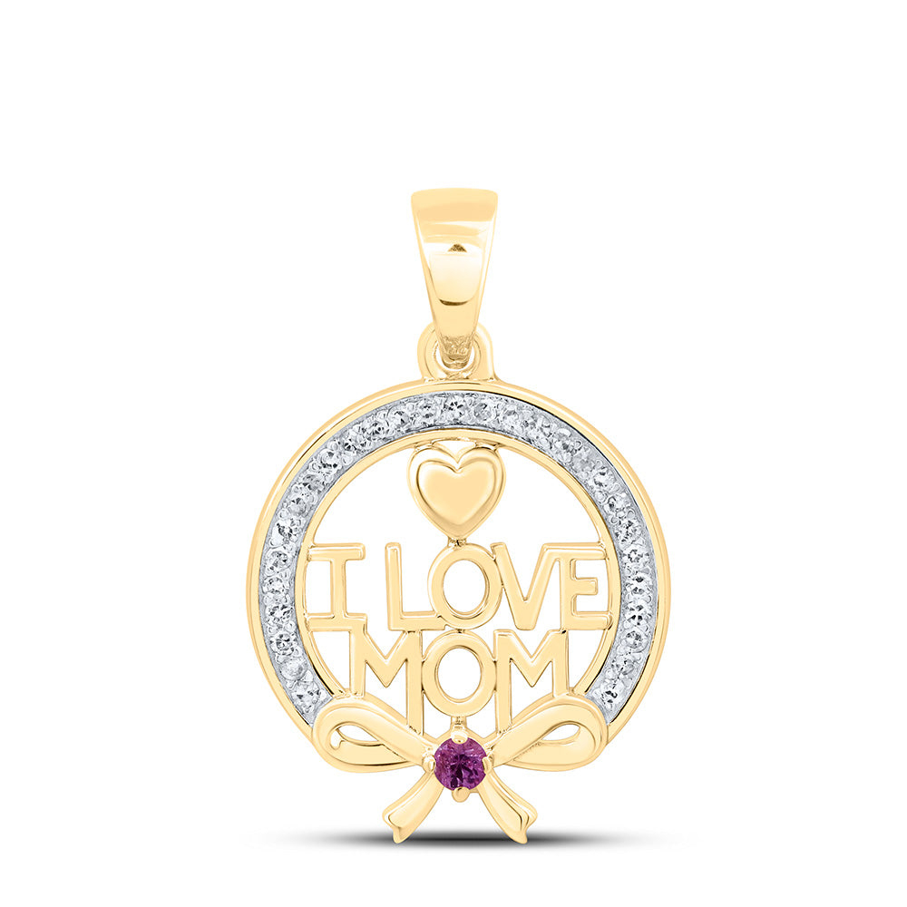 10k Gold 1/10 CTW-Natural Diamond 1.8MM Rd-Pi Sapp Natural Gemstone Heart "I Love Mom" Pendant