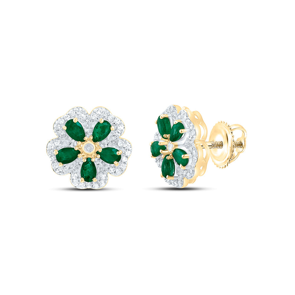 14k Gold 1/6 CTW-Natural Diamond 1/2 CTWpear-Em Natural Gemstone Flower Earring