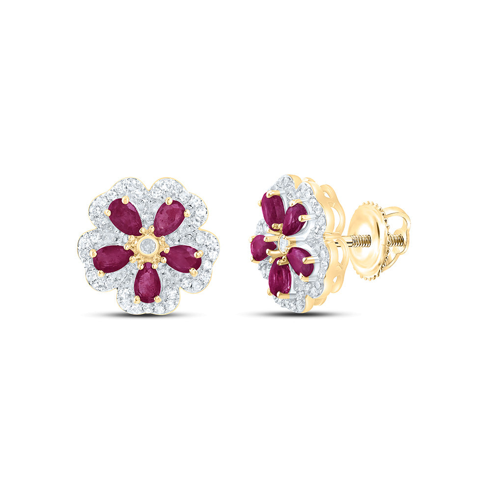 14k Gold 1/6 CTW-Natural Diamond 5/8 CTWpear-Ru Natural Gemstone Flower Earring