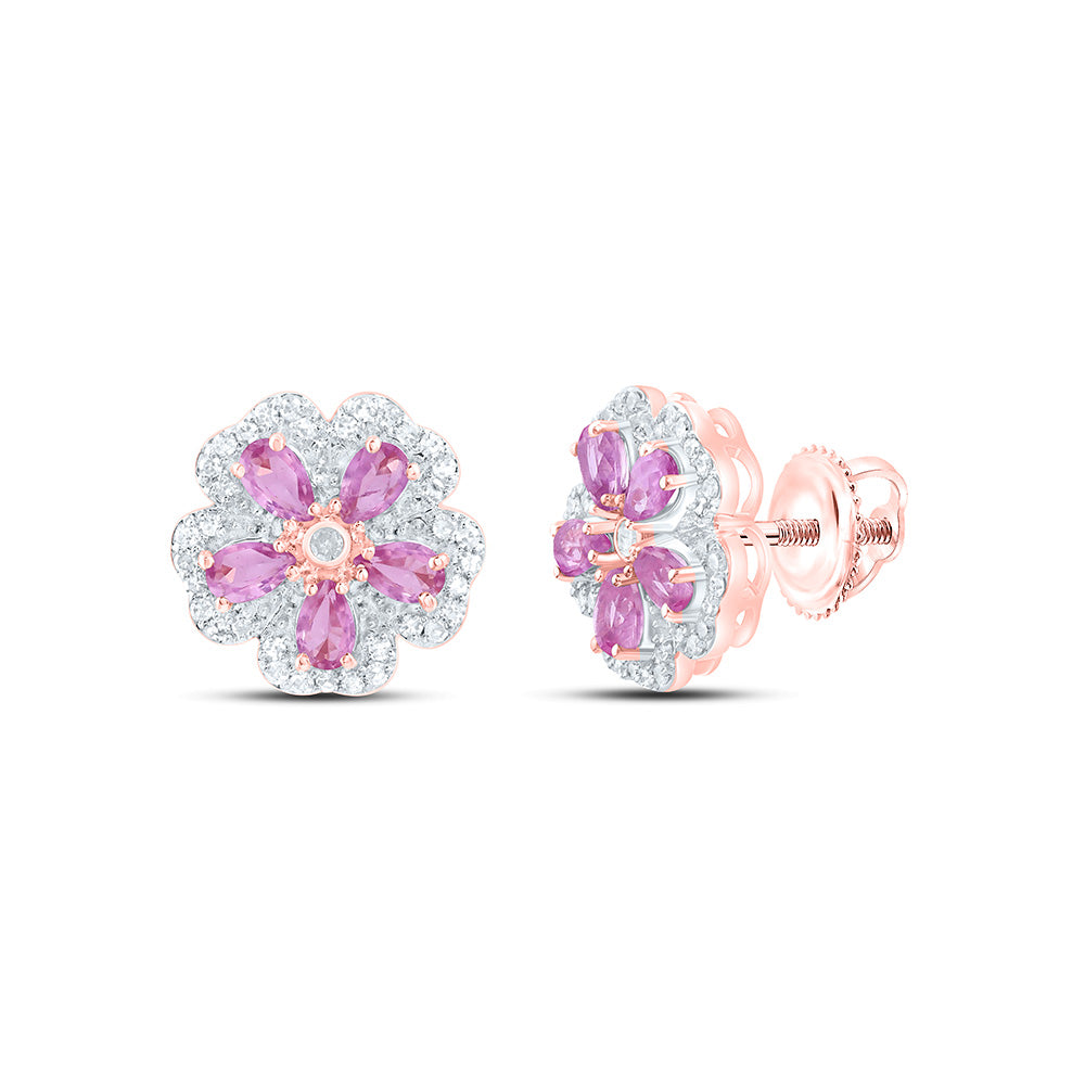 14k Gold 1/6 CTW-Natural Diamond 5/8 CTWpear-Ps Natural Gemstone Flower Earring