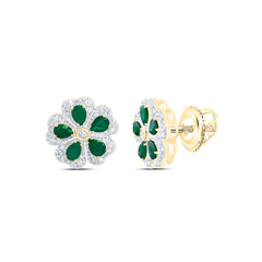 14k Gold 1/2 CTW-Natural Diamond 1 1/2 CTWpear-Em Natural Gemstone Flower Earring