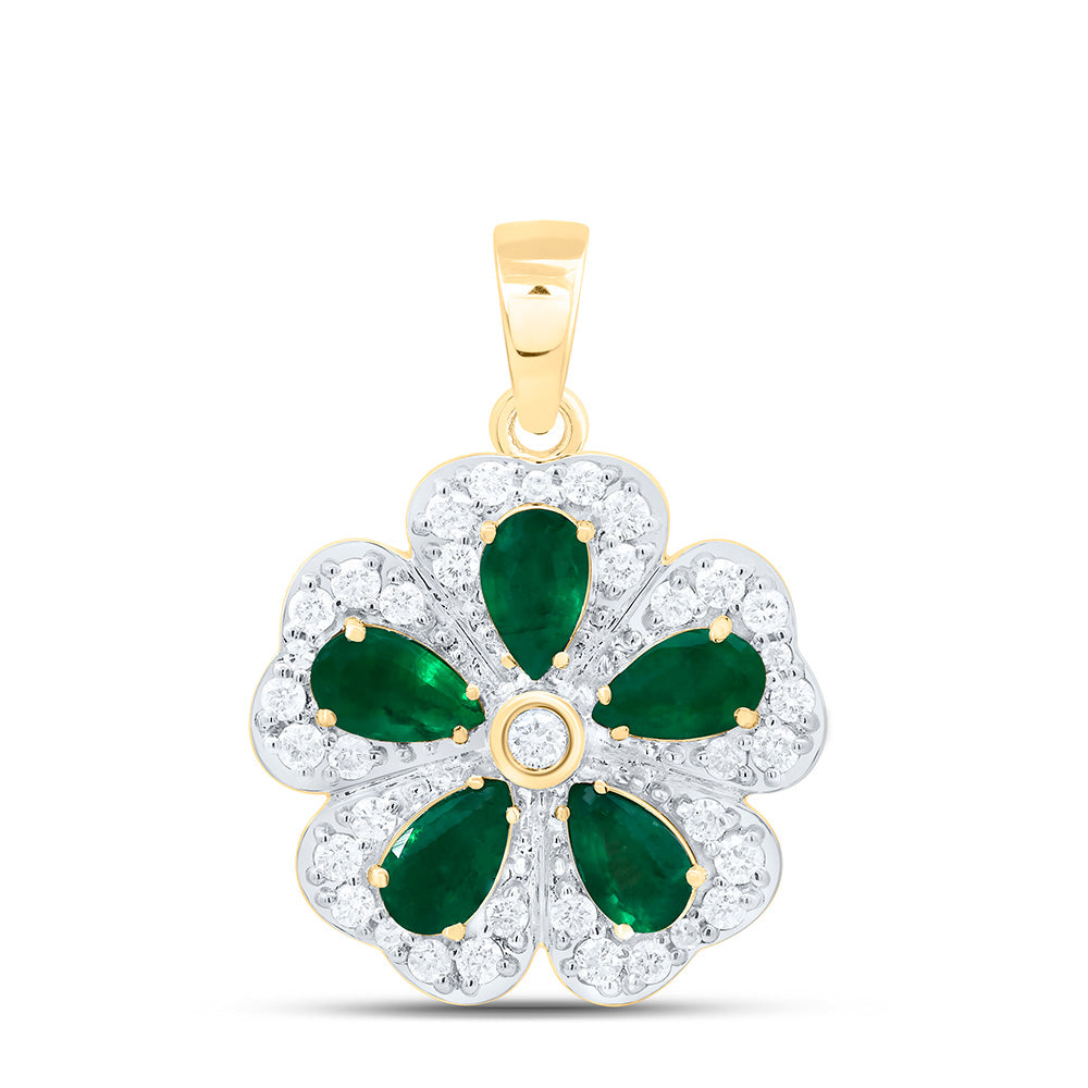 14k Gold 1/3 CTW-Natural Diamond 1 CTWpear-Em Natural Gemstone Flower Pendant