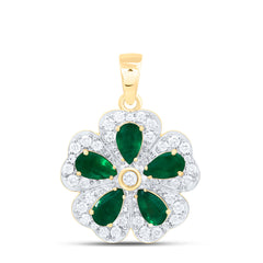 14k Gold 1/3 CTW-Natural Diamond 1 CTWpear-Em Natural Gemstone Flower Pendant