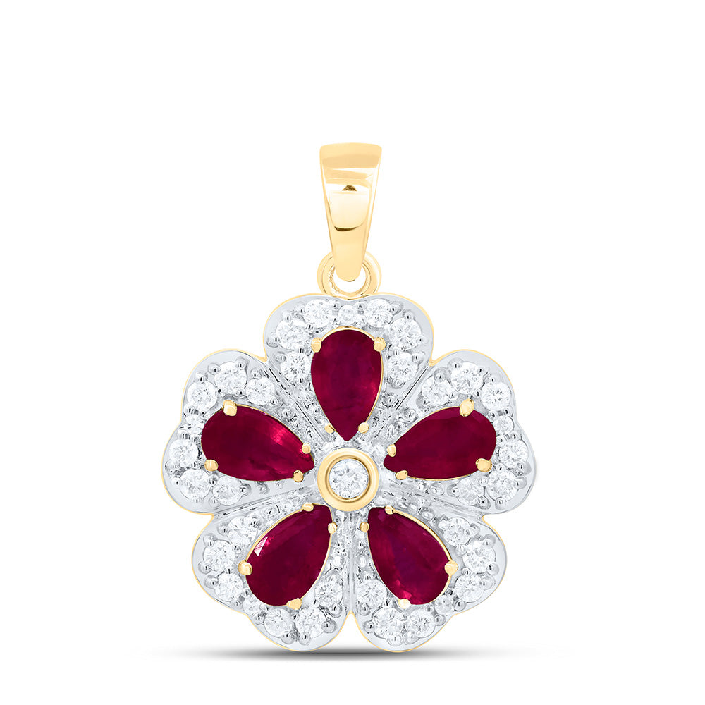 14k Gold 1/3 CTW-Natural Diamond 1 CTWpear-Ru Natural Gemstone Flower Pendant