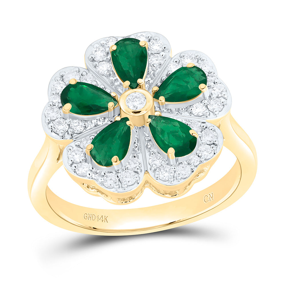 14k Gold 1/3 CTW-Natural Diamond 7/8 CTWpear-Em Natural Gemstone Flower Ring