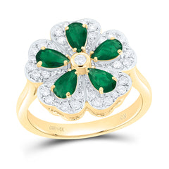 14k Gold 1/3 CTW-Natural Diamond 7/8 CTWpear-Em Natural Gemstone Flower Ring