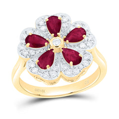 14k Gold 1/3 CTW-Natural Diamond 1 1/4 CTWpear-Ru Natural Gemstone Flower Ring