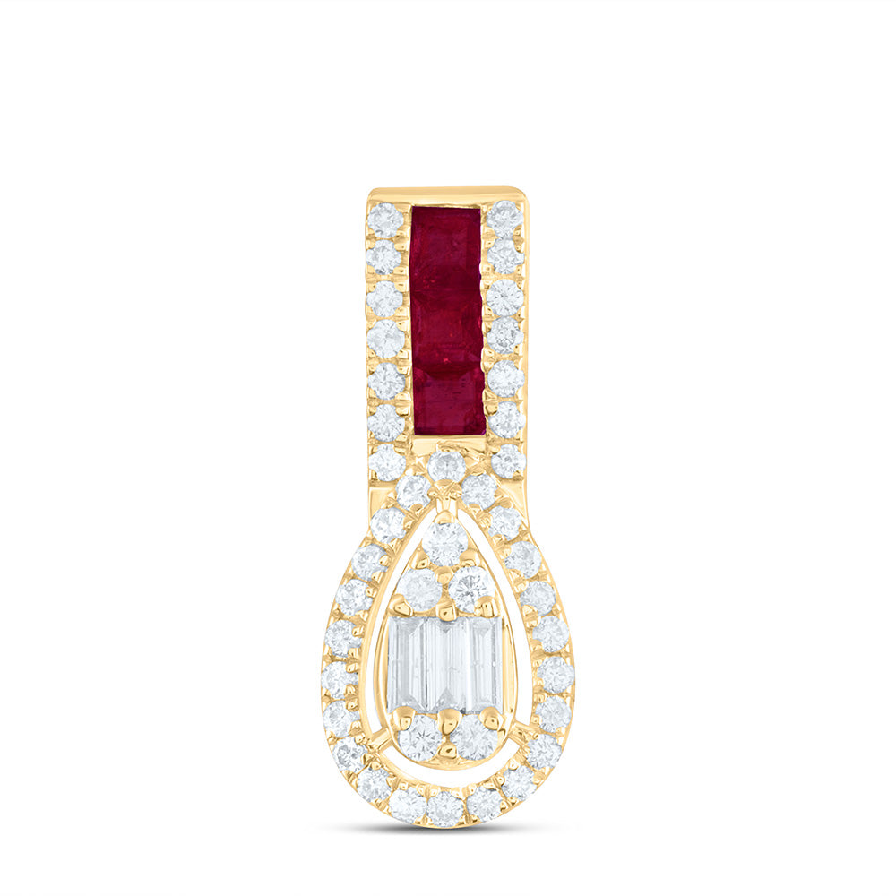 14k Gold 1/5 CTW-Natural Diamond 1/6 CTW-Pr-Ru Natural Gemstone Pear Pendant