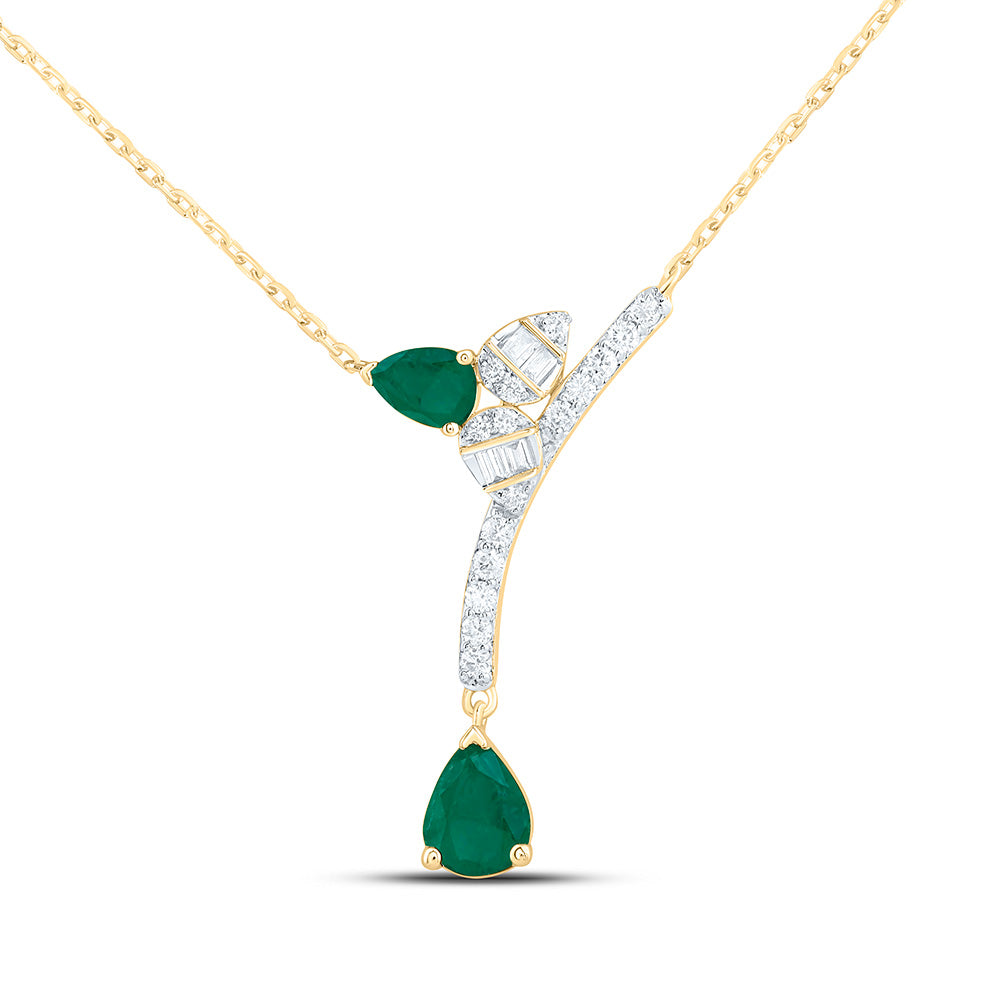 14k Gold 1/8 CTW-Natural Diamond 3/8 CTWps-Em Natural Gemstone Pear Necklace (18 Inch )