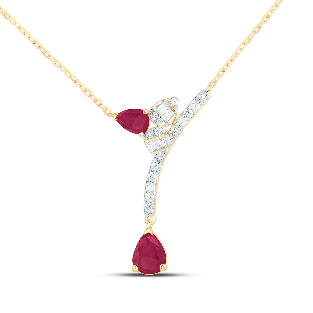 14k Gold 1/8 CTW-Natural Diamond 1/2 CTWps-Ru Natural Gemstone Pear Necklace (18 Inch )
