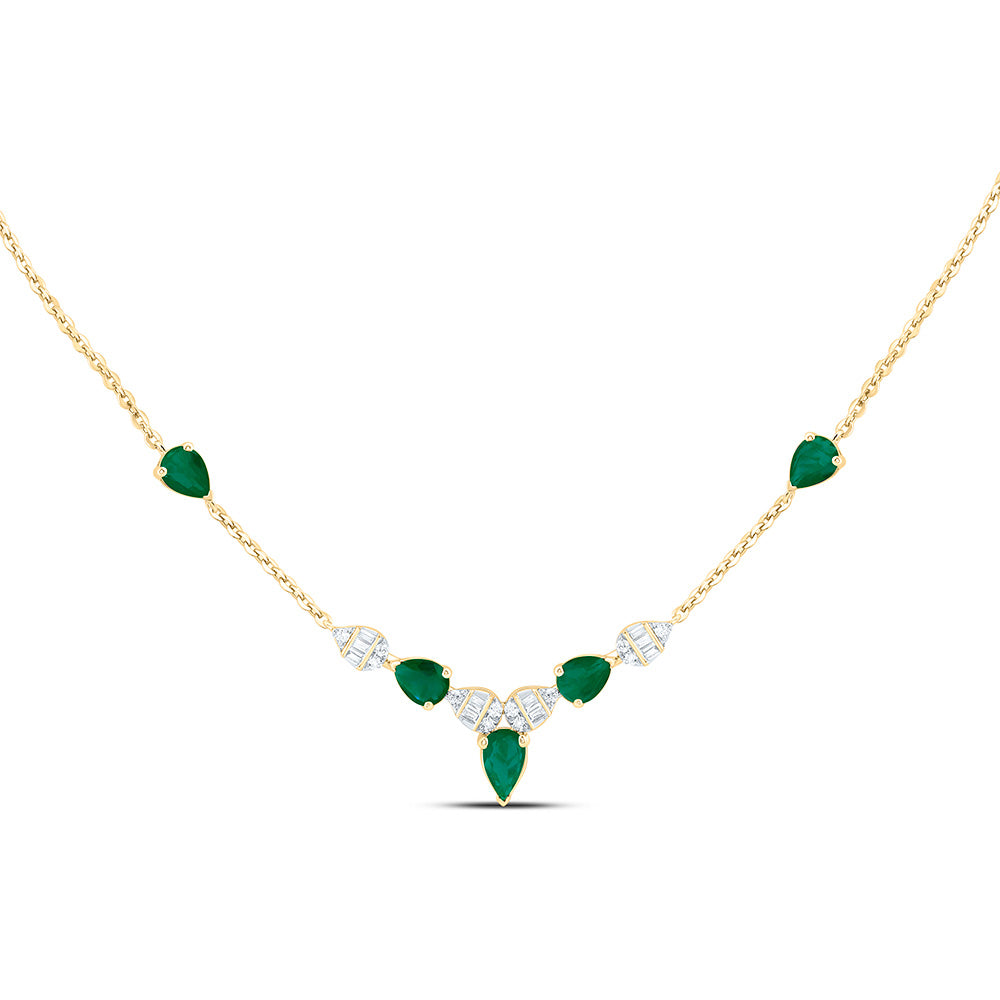 14k Gold 1/10 CTW-Natural Diamond 7/8 CTWps-Em Natural Gemstone Pear Necklace (18 Inch )