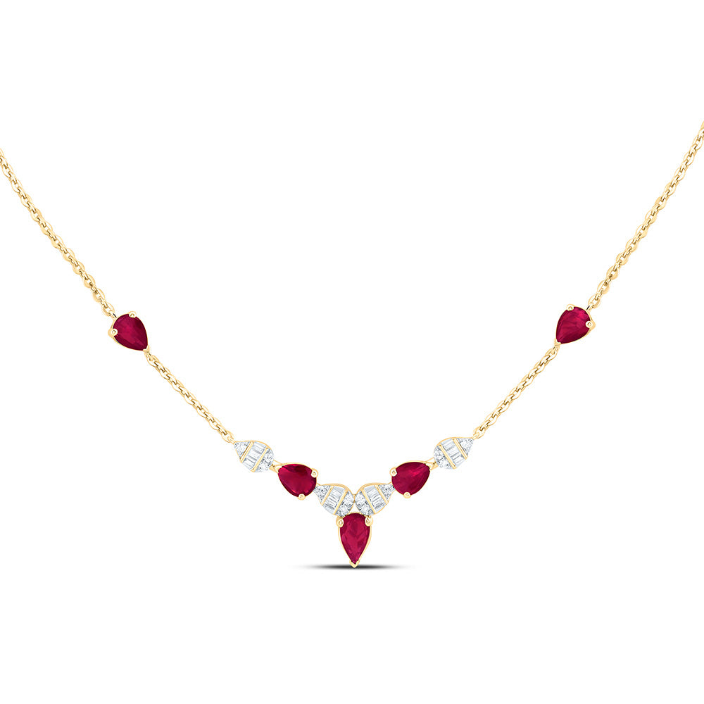 14k Gold 1/10 CTW-Natural Diamond 1 CTWps-Ruby Natural Gemstone Pear Necklace (18 Inch )
