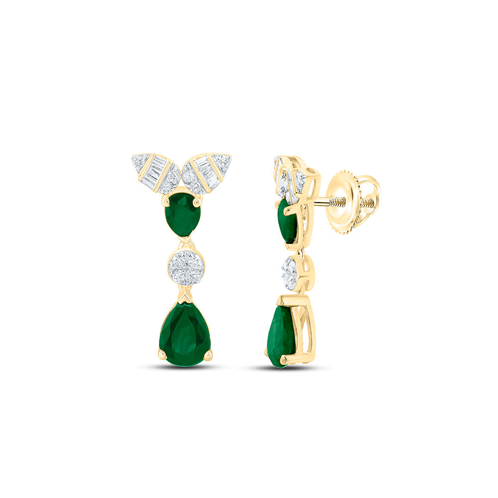 14k Gold 1/6 CTW-Natural Diamond 1 CTWps-Em Natural Gemstone Dangling Earring