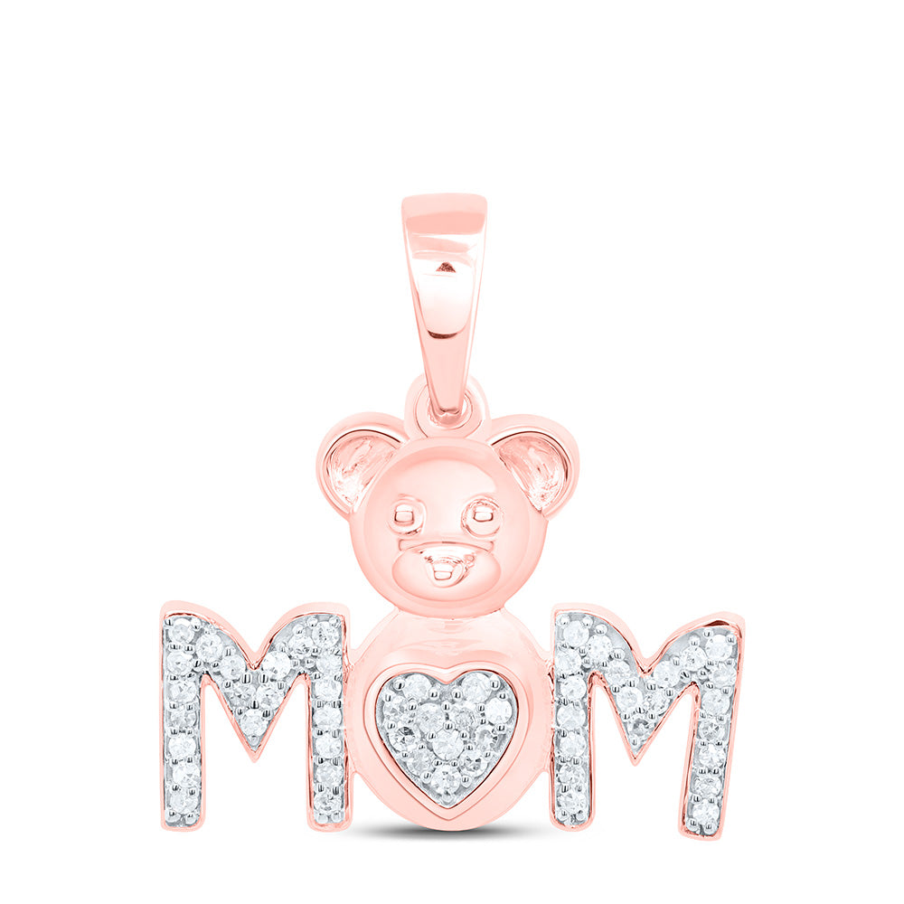 10k Gold 1/6 CTW-Natural Diamond Gift Teddy Bear Heart "Mom" Pendant