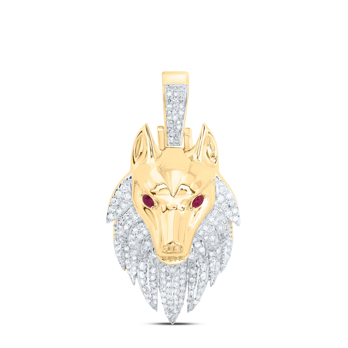 10k Gold 7/8 CTW-Natural Diamond 1/5 CTW-Rd-Ru Natural Gemstone Wolf Mens Charm