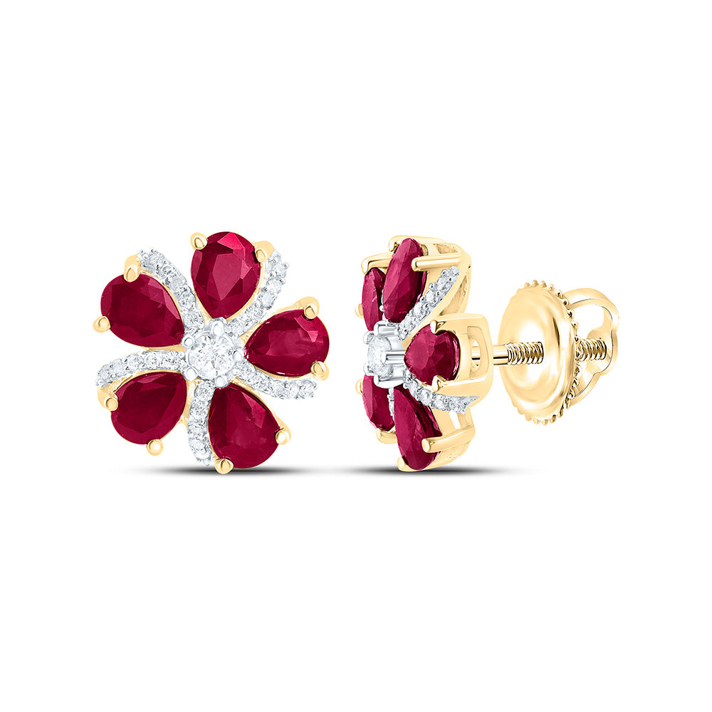 14k Gold 1/6 CTW-Natural Diamond 1 1/2 CTW-Ps-Ru, Natural Gemstone Flower Earring