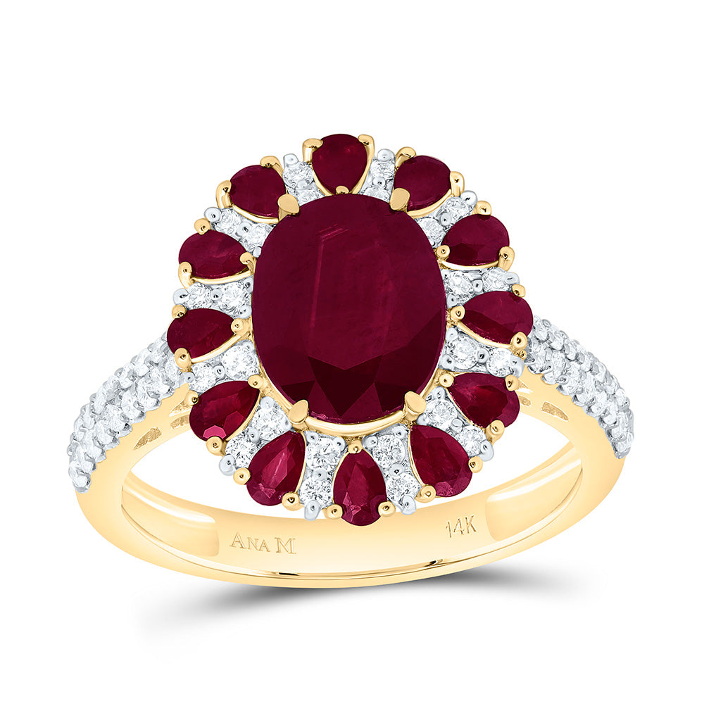 14k Gold 3/8 CTW-Natural Diamond 5/8 CTW-Ps-Ru, 9X7MM-Ov-Ru, Natural Gemstone Oval Ring
