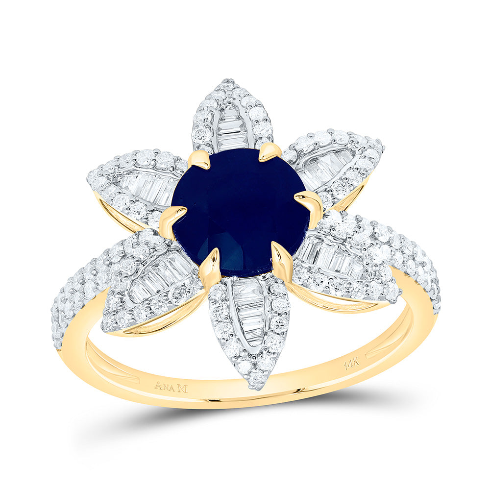 14k Gold 5/8 CTW-Natural Diamond 7MM-Rd-Bs Natural Gemstone Flower Ring