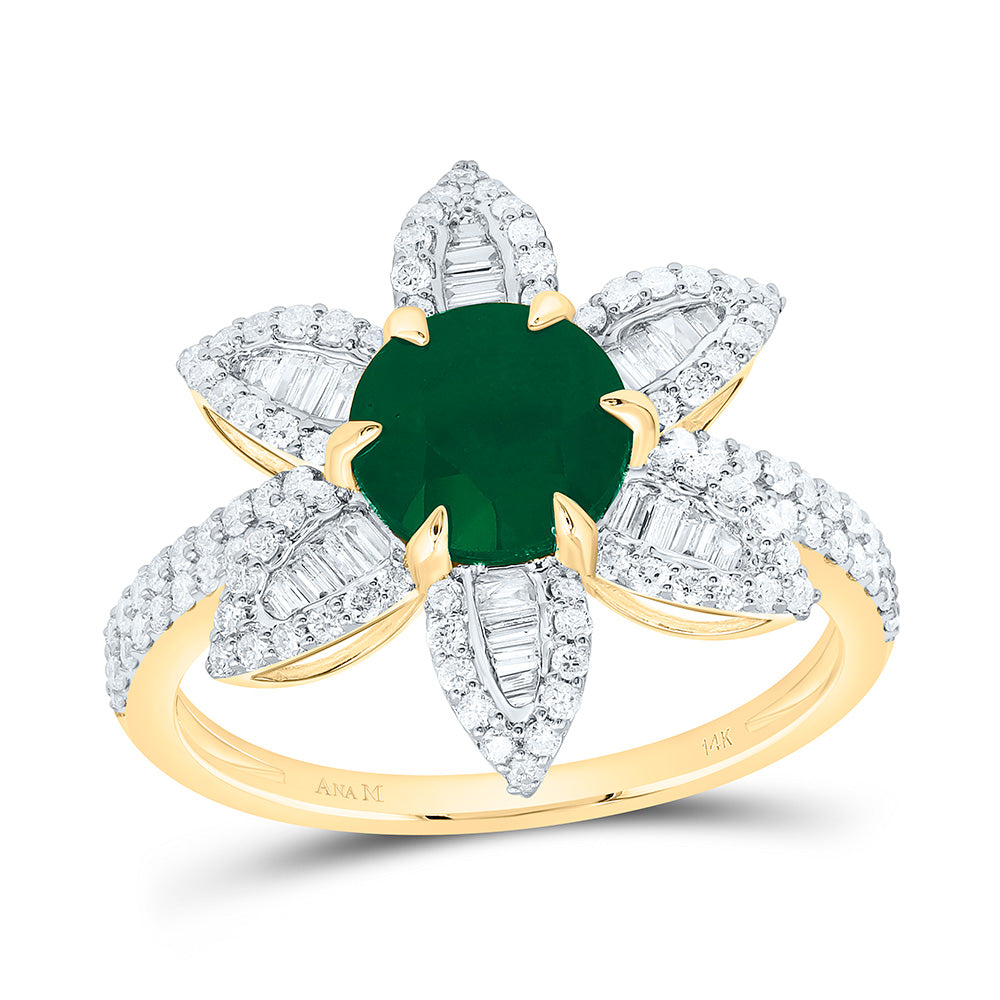 14k Gold 5/8 CTW-Natural Diamond 7MM-Rd-Em Natural Gemstone Flower Ring