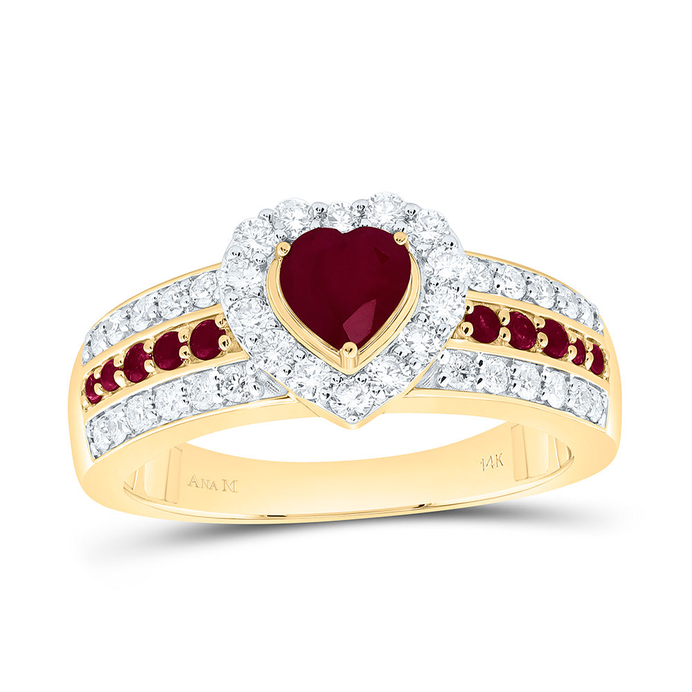 14k Gold 1/2 CTW-Natural Diamond 1/8 CTW-Rd-Ru, 5MM Ht-Ru Natural Gemstone Heart Ring
