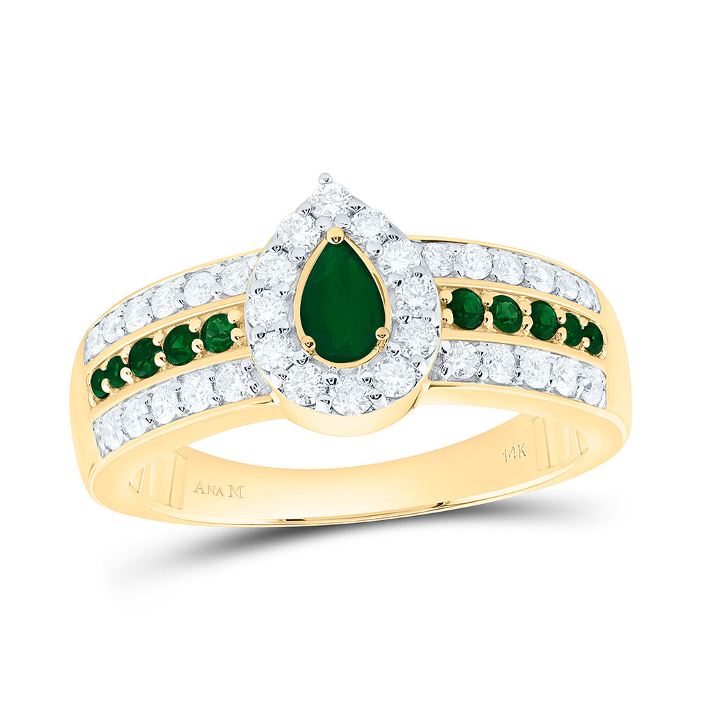 14k Gold 3/8 CTW-Natural Diamond 1/10 CTW-Rd-Em, 5X3MM Ps-Em, Natural Gemstone Pear Ring