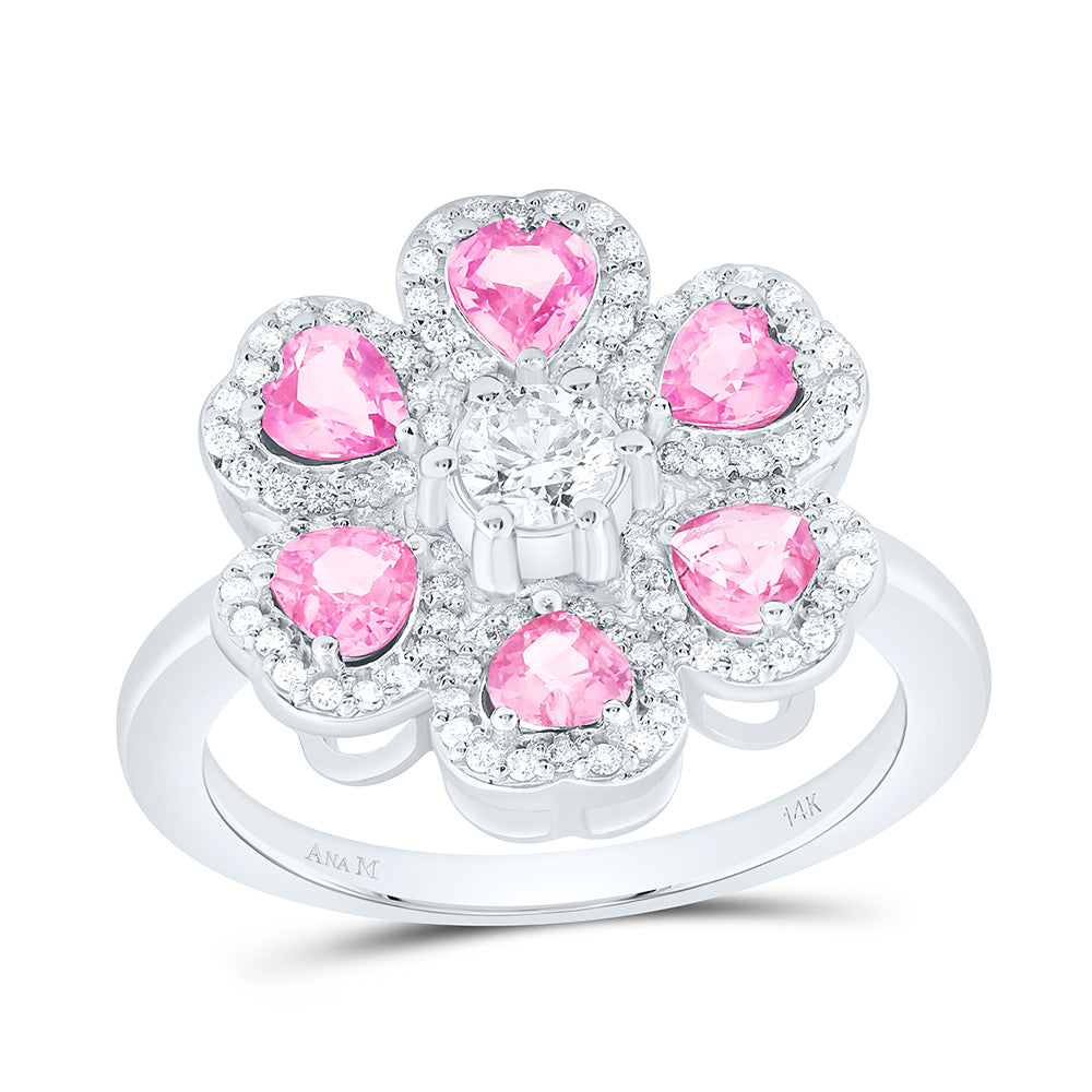 14k Gold 1/2 CTW-Natural Diamond 1/4 CTW-Crd,1 1/5 CTW-Ht-Pi Sapp Natural Gemstone Heart Flower Ring