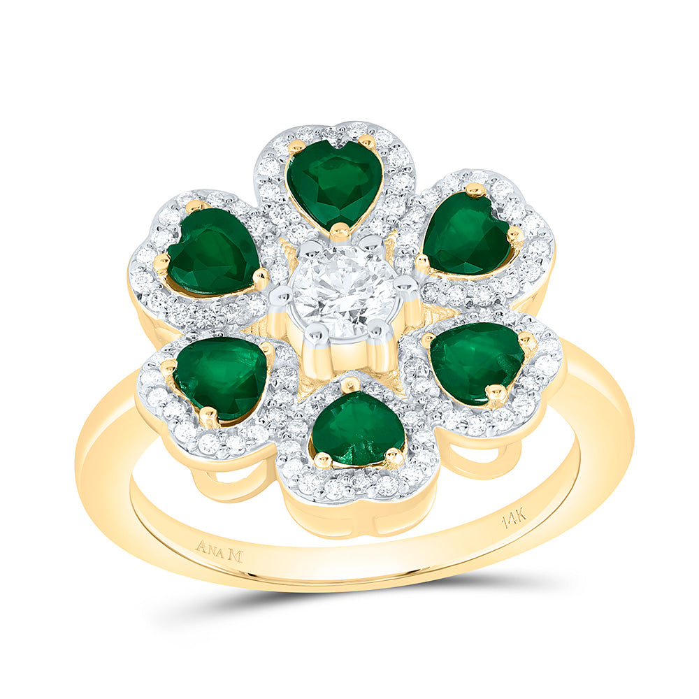 14k Gold 1/2 CTW-Natural Diamond 1/4 CTW-Crd, 1 CTW-Ht-Em Natural Gemstone Heart Flower Ring