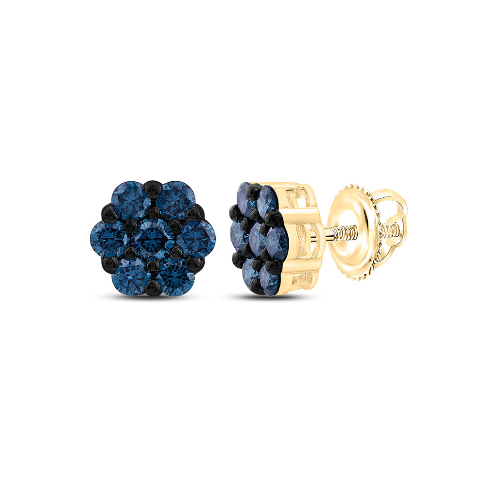10k Gold 3/4 CTW-Natural Diamond Fashion Blue Diamond Flower Earring