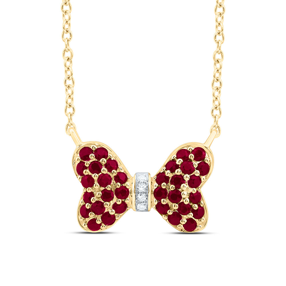 14k Gold 0.02 CTW-Natural Diamond 5/8 CTW-Rd-Ru Natural Gemstone Bow Necklace (18 Inch )
