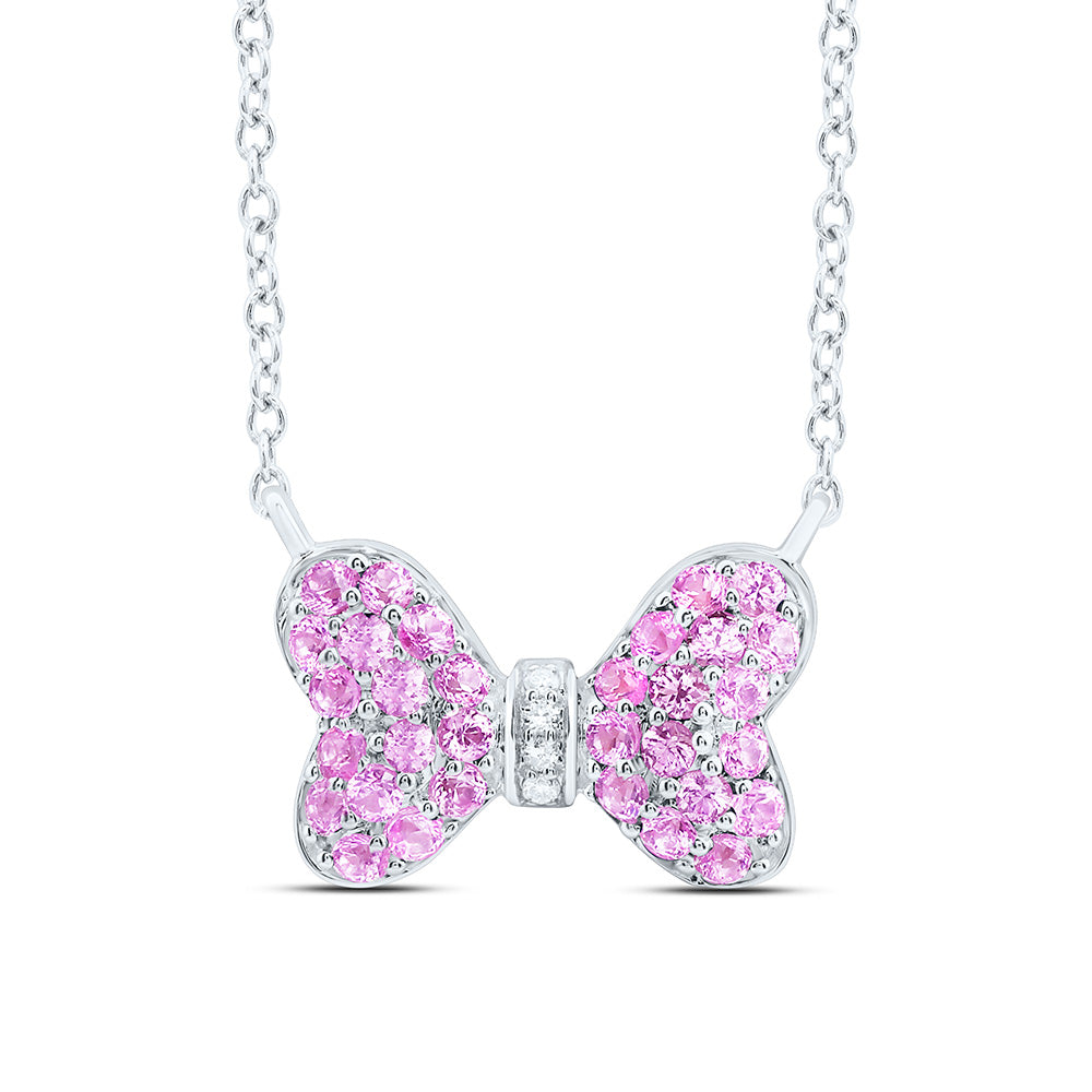 14k Gold 0.02 CTW-Natural Diamond 1/2 CTW-Rd-Pi Sapp Natural Gemstone Bow Necklace (18 Inch )