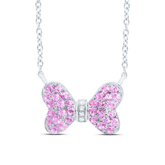 14k Gold 0.02 CTW-Natural Diamond 1/2 CTW-Rd-Pi Sapp Natural Gemstone Bow Necklace (18 Inch )