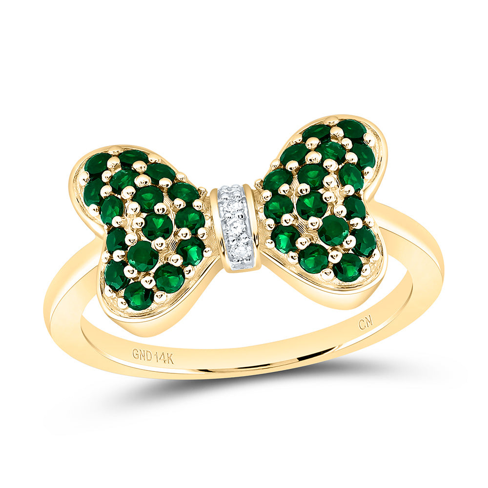 14k Gold 0.02 CTW-Natural Diamond 1/2 CTW-Rd-Em Natural Gemstone Bow Ring