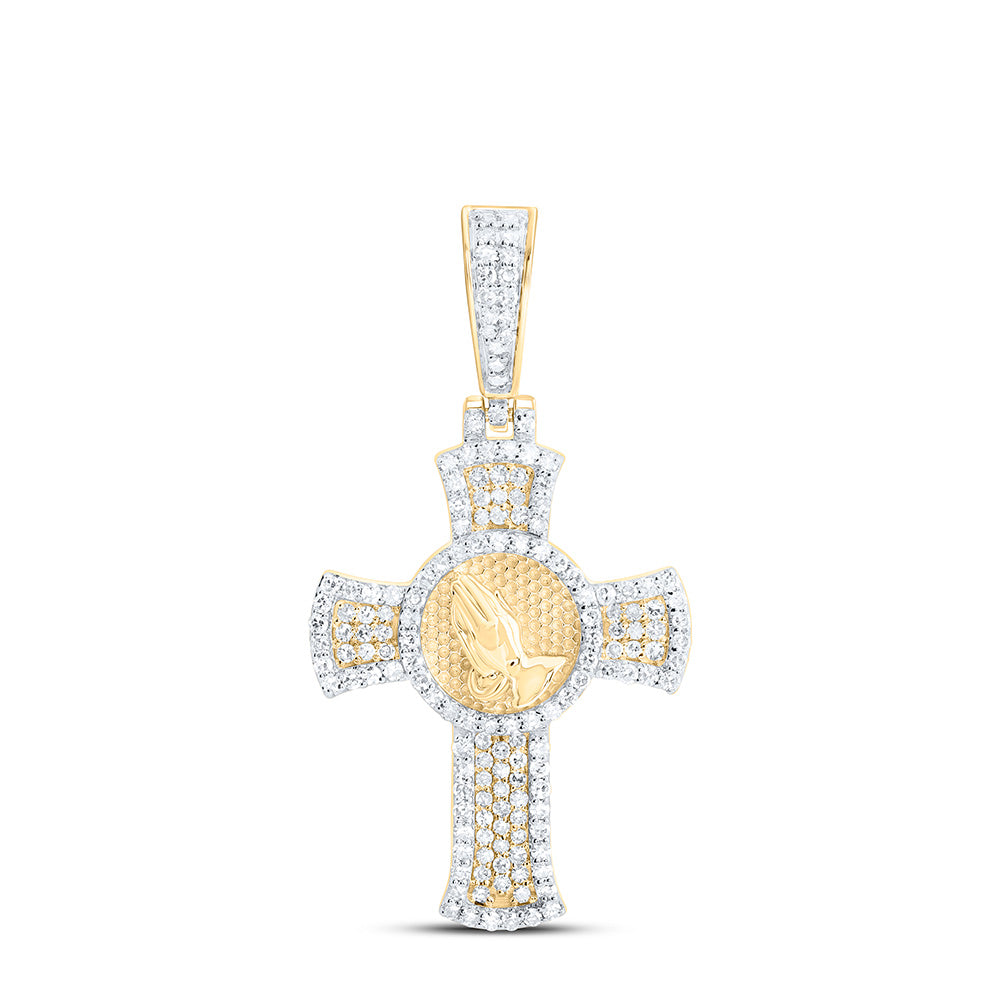 10k Gold 5/8 CTW- Natural Diamond Praying Hand Cross Mens Charm