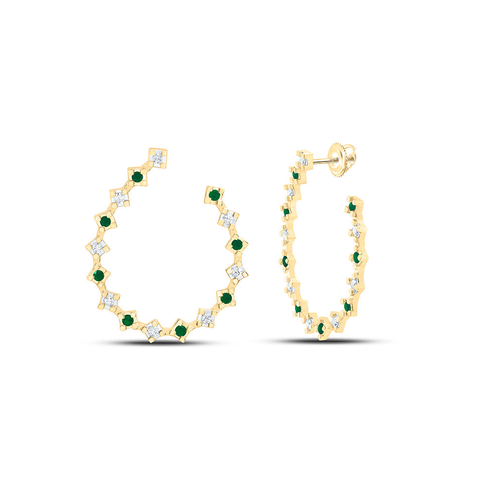 14k Gold 1/3 CTW-Natural Diamond 1/3 CTW-Rd-Em Natural Gemstone Hoop Earring
