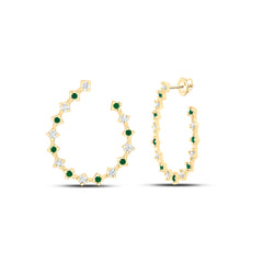 14k Gold 1/3 CTW-Natural Diamond 1/3 CTW-Rd-Em Natural Gemstone Hoop Earring