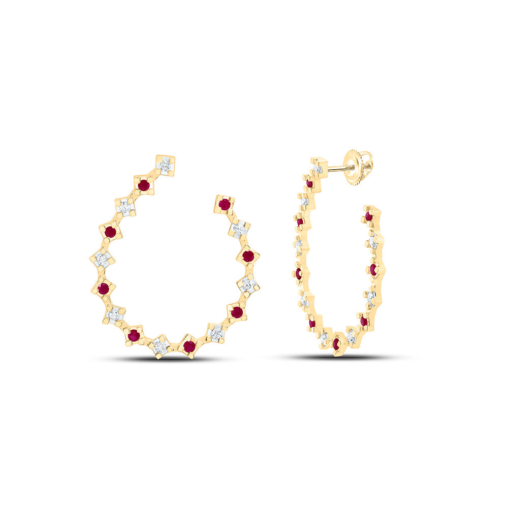 14k Gold 1/3 CTW-Natural Diamond 1/3 CTW-Rd-Ru Natural Gemstone Hoop Earring