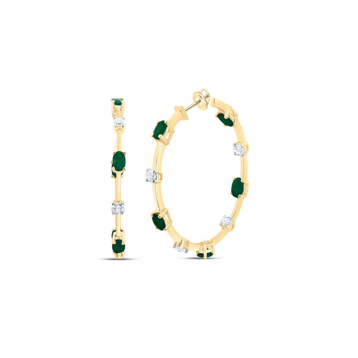 14k Gold 7/8 CTW-Natural Diamond 2 CTW-Ov-Em Natural Gemstone Hoop Earring