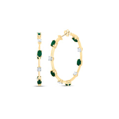 14k Gold 7/8 CTW-Natural Diamond 2 CTW-Ov-Em Natural Gemstone Hoop Earring