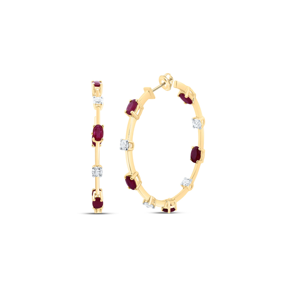 14k Gold 7/8 CTW-Natural Diamond 2 1/2 CTW-Ov-Ru Natural Gemstone Hoop Earring