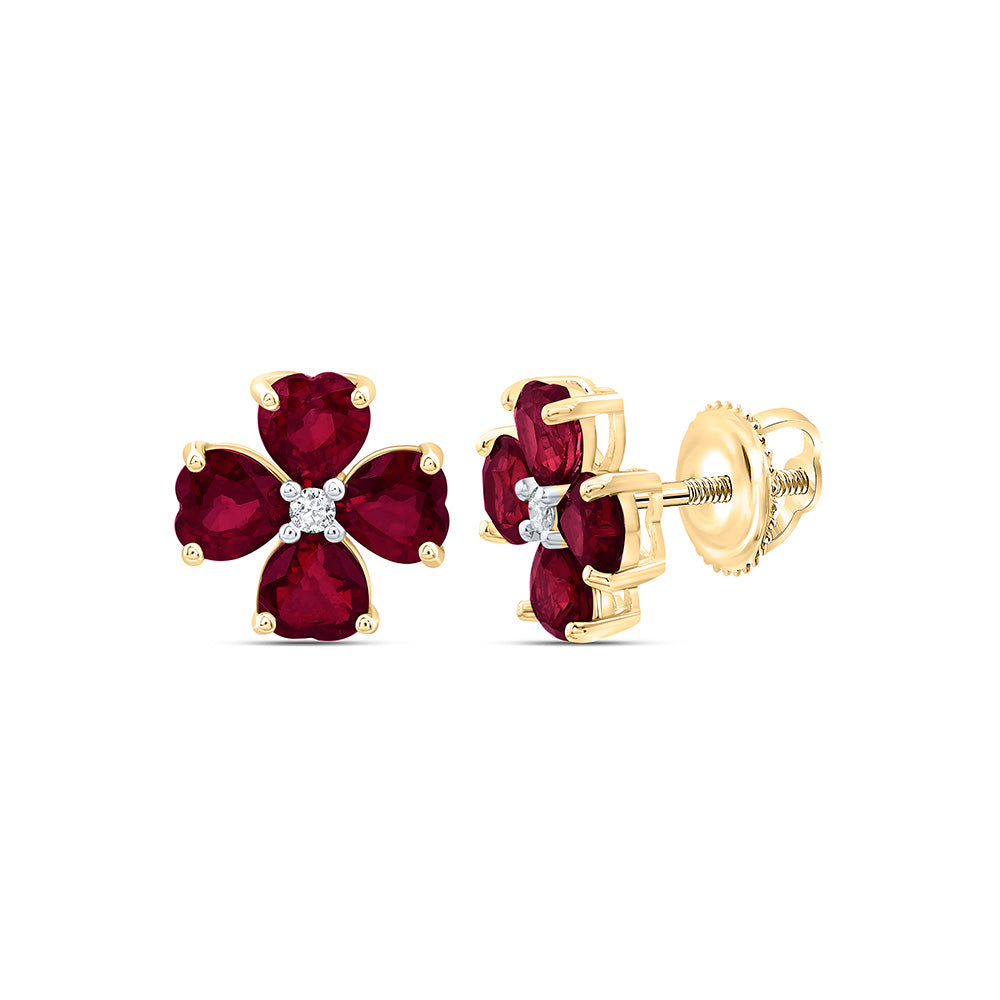 14k Gold 0.03 CTW-Natural Diamond 2 1/4 CTW-Ht-Ruby Natural Gemstone Heart Flower Earring