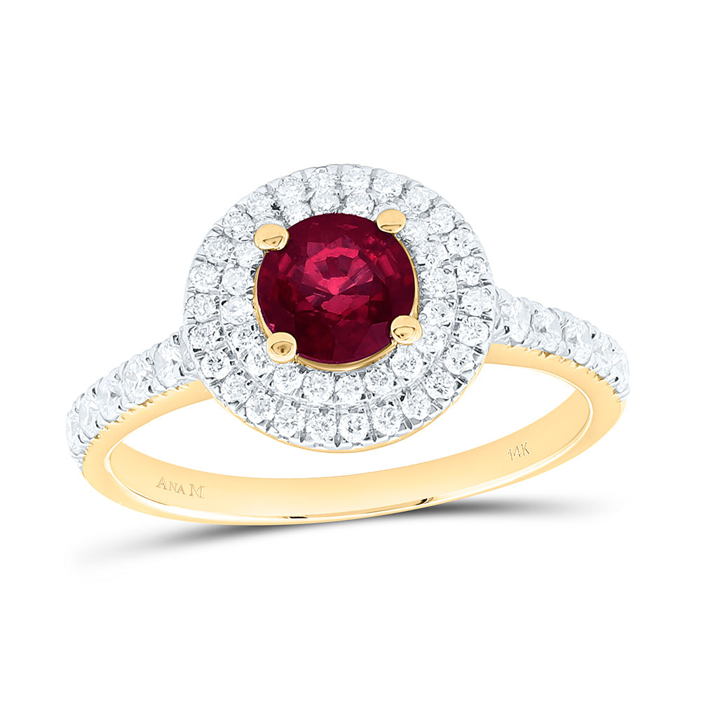 14k Gold 1/2 CTW-Natural Diamond 5.5MM-Rd-Ruby Natural Gemstone Round Ring