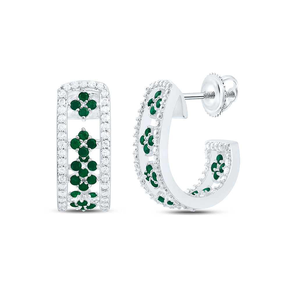 14k Gold 1/2 CTW-Natural Diamond 3/8 CTW-Rd-Em Natural Gemstone Hoop Earring
