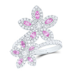 14k Gold 3/4 CTW-Natural Diamond 5/8 Ct-Mq-Pi Sapp Natural Gemstone Flower Ring