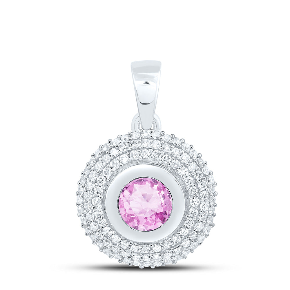 14k Gold 1/3 CTW-Natural Diamond 5.10MM Rd-Pi Sapp Natural Gemstone Round Pendant