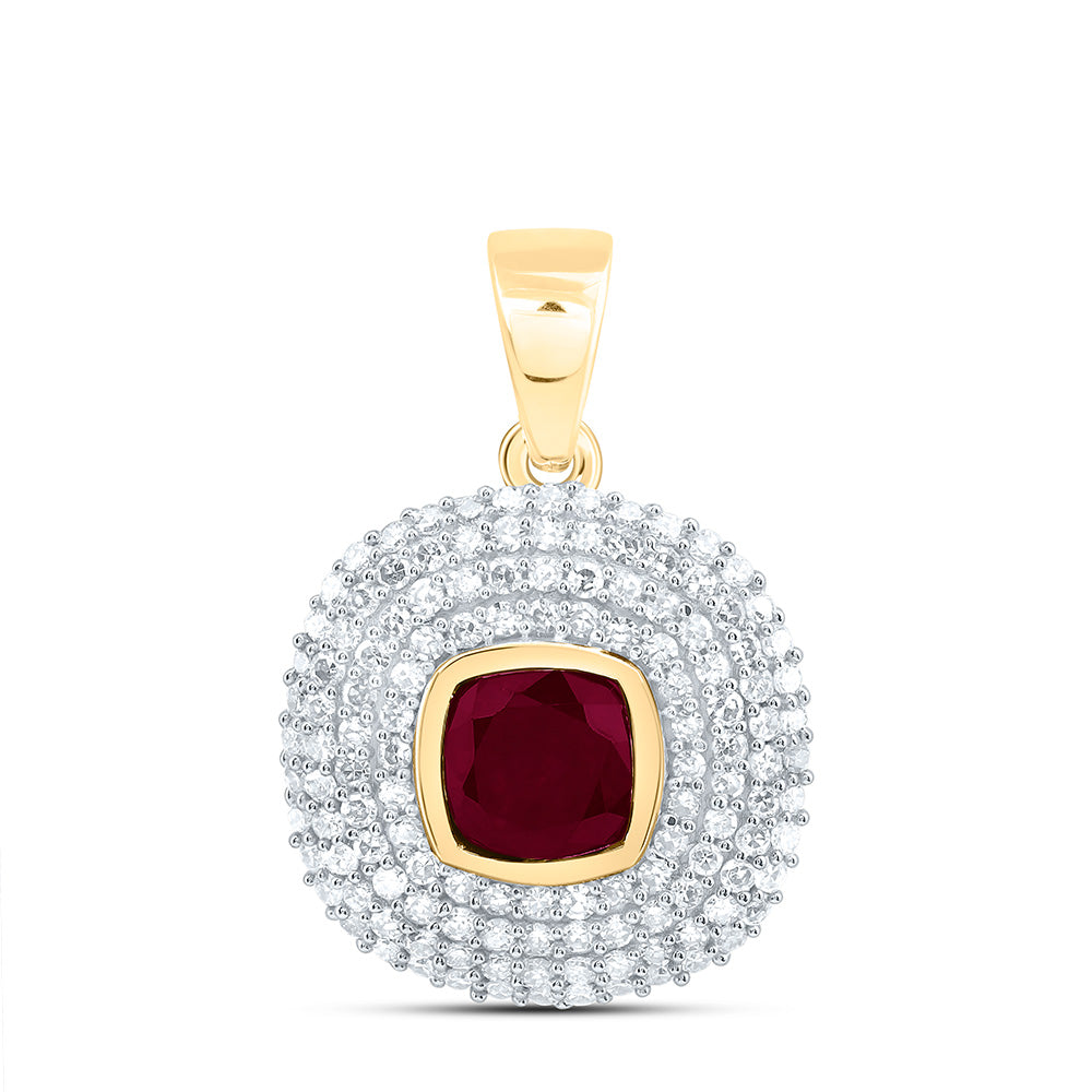 14k Gold 1/3 CTW-Natural Diamond 4.90MM Cu-Ru Natural Gemstone Cushion Pendant