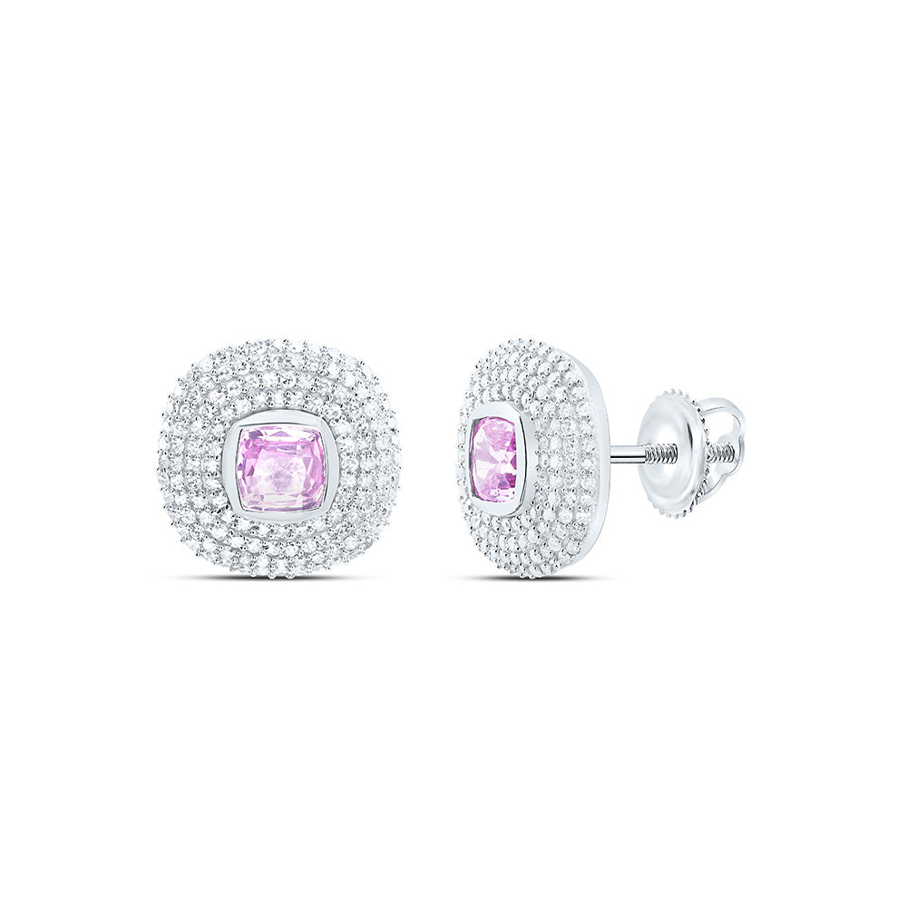 14k Gold 3/4 CTW-Natural Diamond 4.90MM Cu-Pi Sapp Natural Gemstone Cushion Earring