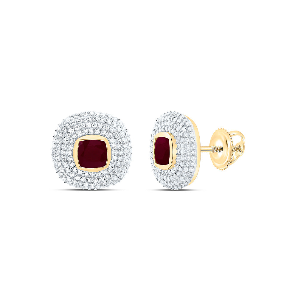 14k Gold 3/4 CTW-Natural Diamond 4.90MM Cu-Ru Natural Gemstone Cushion Earring